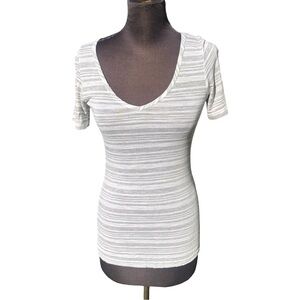 Hard Tail Striped V Neck Three Quarter Sleeve Tee Shirt Grey White Size XS